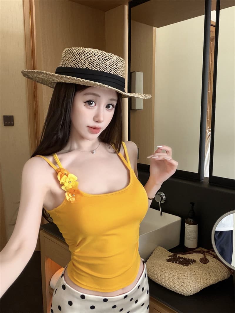 여름 한 부서 꽃 더블 어깨끈 캐미솔 뒤로 나비 매듭 홀로우 아웃 몸매 가꾸기 나만의 것을 가져와 라. 가슴 패드 인사이드 잡아라. 의류 상세 이미지 35