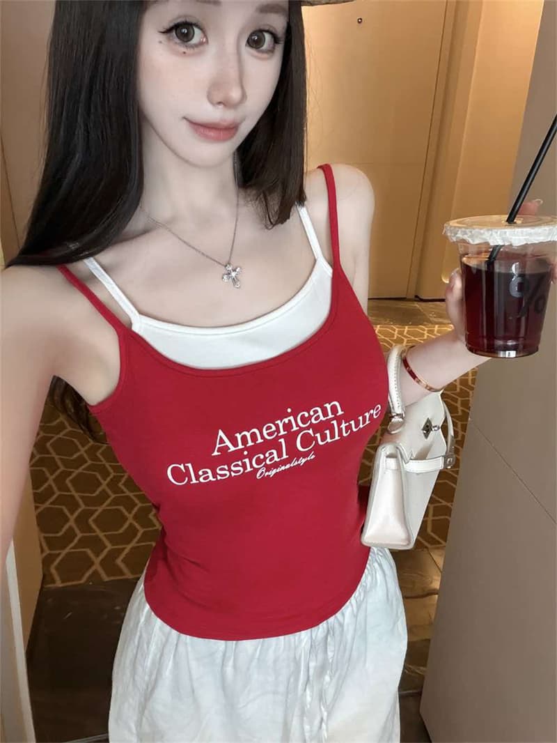 아메리칸 레트로 알파벳 페이크 레이어드 슬립 패션 나만의 것을 가져와 라. 가슴 패드 조끼 여성 여름 작은 대중 몸매 가꾸기 맨위 아름다움 뒤로 상세 이미지 24