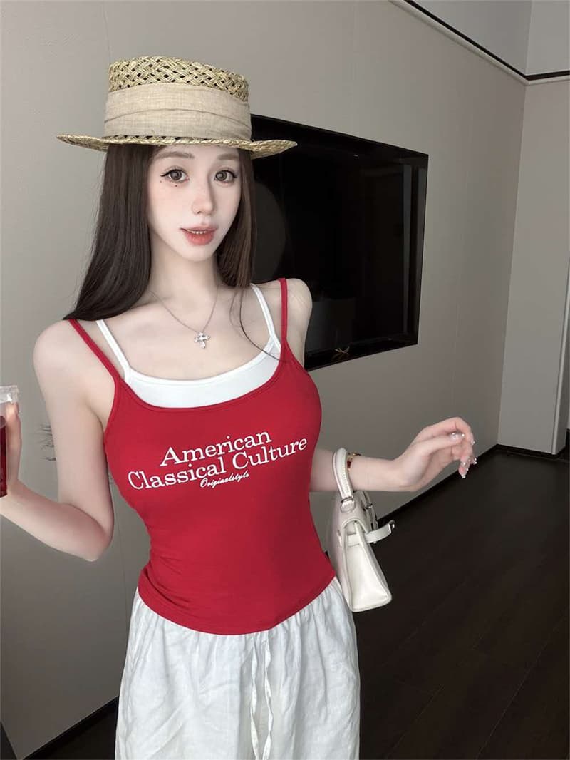 아메리칸 레트로 알파벳 페이크 레이어드 슬립 패션 나만의 것을 가져와 라. 가슴 패드 조끼 여성 여름 작은 대중 몸매 가꾸기 맨위 아름다움 뒤로 상세 이미지 25