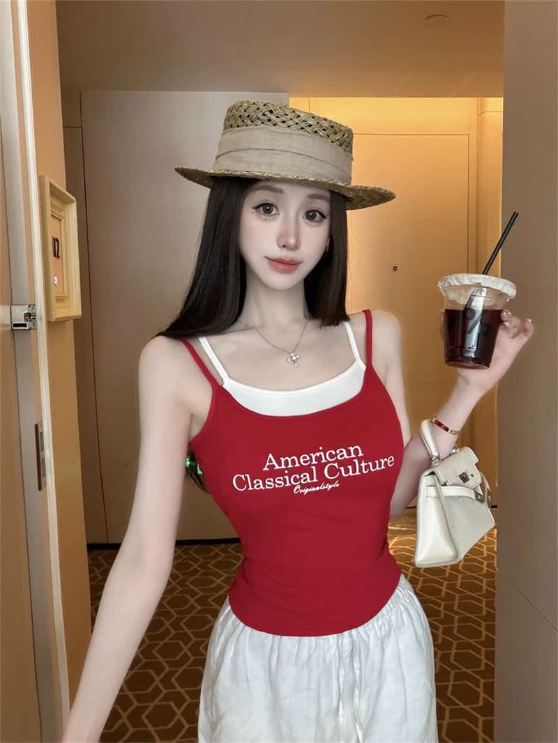 아메리칸 레트로 알파벳 페이크 레이어드 슬립 패션 나만의 것을 가져와 라. 가슴 패드 조끼 여성 여름 작은 대중 몸매 가꾸기 맨위 아름다움 뒤로 상세 이미지 27