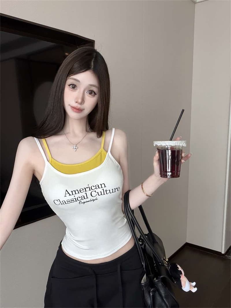 아메리칸 레트로 알파벳 페이크 레이어드 슬립 패션 나만의 것을 가져와 라. 가슴 패드 조끼 여성 여름 작은 대중 몸매 가꾸기 맨위 아름다움 뒤로 상세 이미지 41