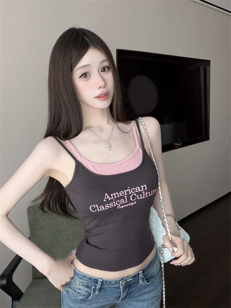 아메리칸 레트로 알파벳 페이크 레이어드 슬립 패션 나만의 것을 가져와 라. 가슴 패드 조끼 여성 여름 작은 대중 몸매 가꾸기 맨위 아름다움 뒤로 상세 이미지 47