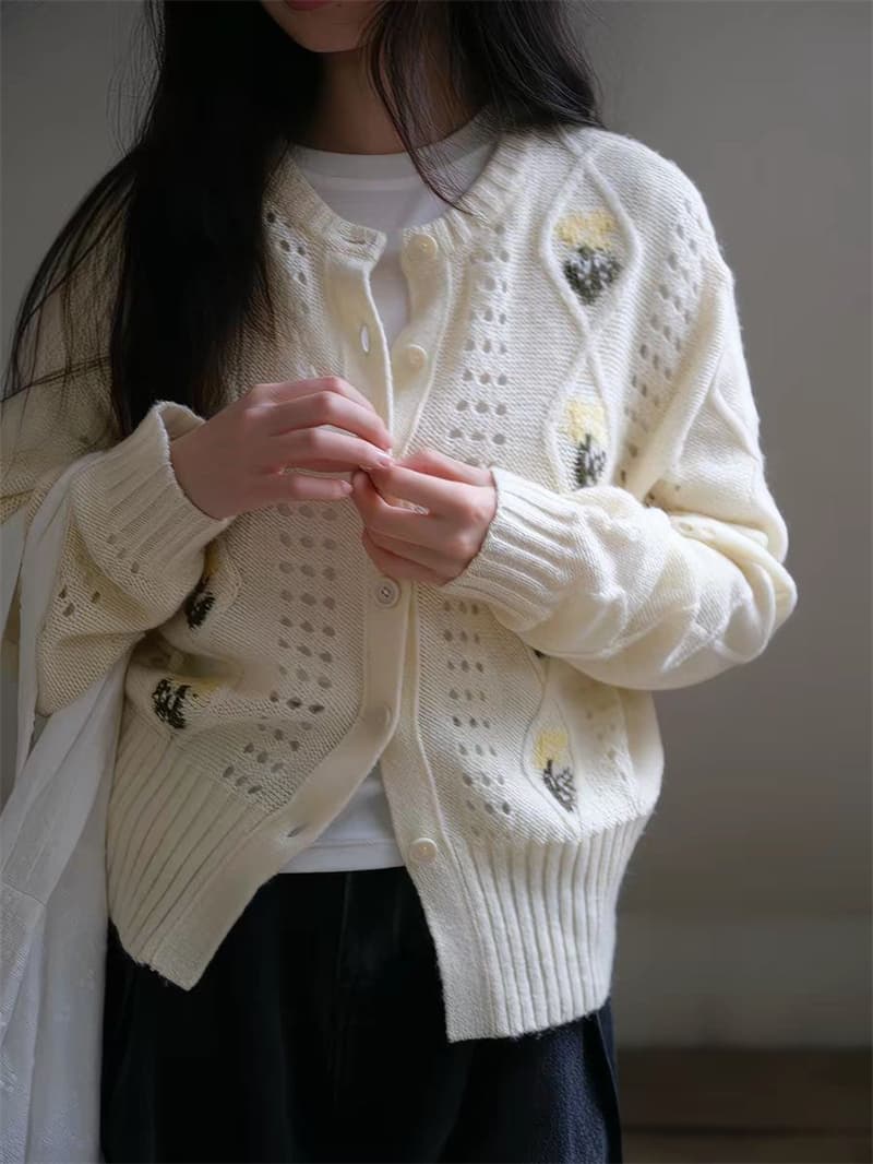 한 부서 3 차원 작은 꽃 자수 스웨터 오픈 가디건 가을 홀로우 아웃 다이아몬드 모양 그리드 쇼트 스타일 라운드 넥 다용도 니트 여성 코트 상세 이미지 9