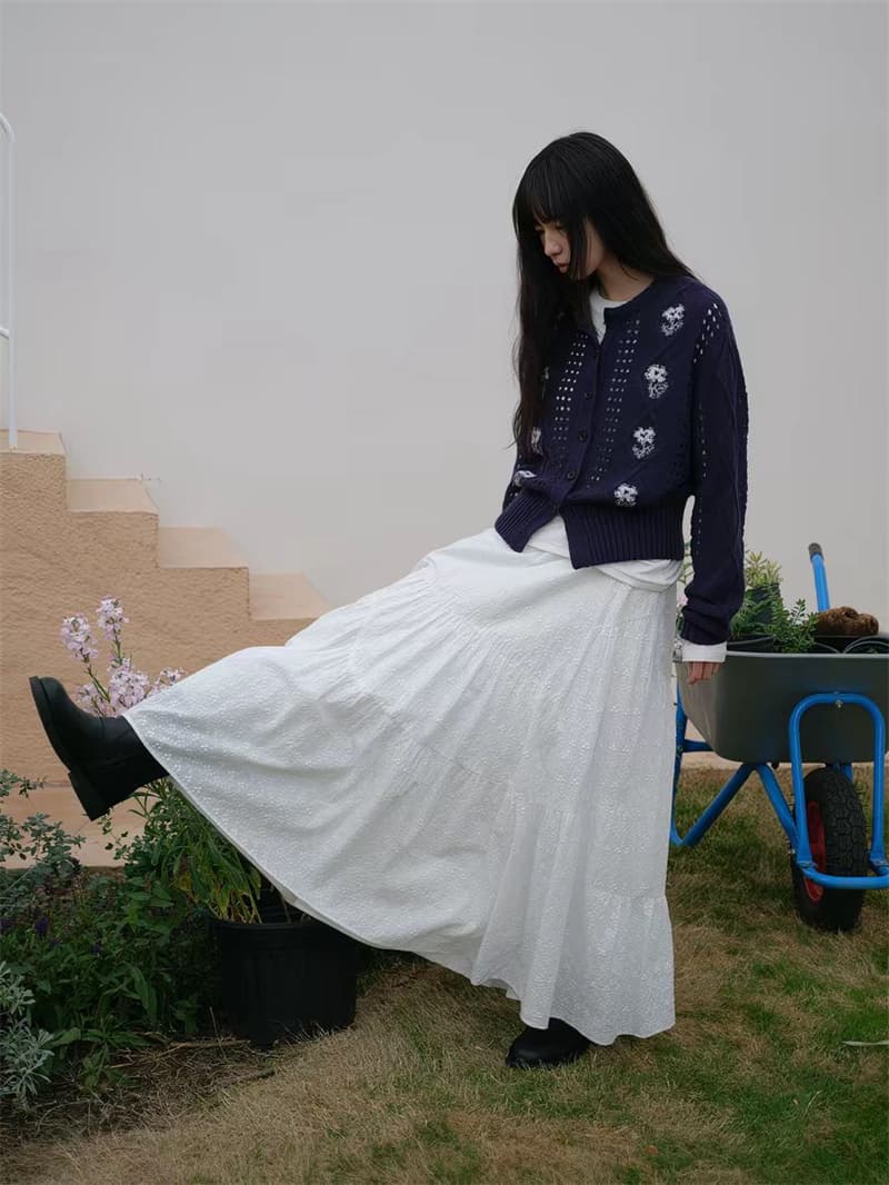 한 부서 3 차원 작은 꽃 자수 스웨터 오픈 가디건 가을 홀로우 아웃 다이아몬드 모양 그리드 쇼트 스타일 라운드 넥 다용도 니트 여성 코트 상세 이미지 26