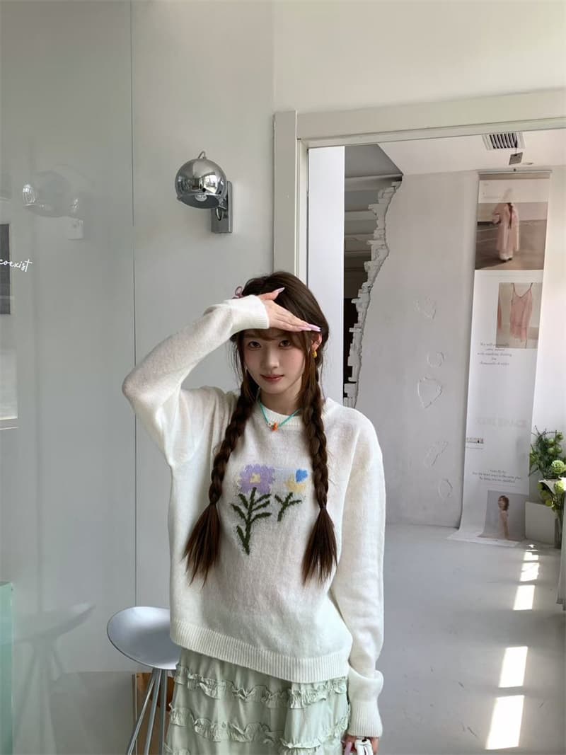 크림 부서 5 가지 색상 꽃무늬 니트 스웨터 얇고 가벼운 마이크로 ~을 통해 루즈핏 라운드 넥 이른 가을 부드러운 바람 긴팔 블라우스 맨위 상세 이미지 8