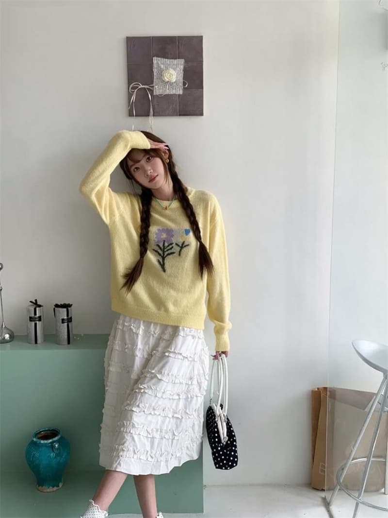 크림 부서 5 가지 색상 꽃무늬 니트 스웨터 얇고 가벼운 마이크로 ~을 통해 루즈핏 라운드 넥 이른 가을 부드러운 바람 긴팔 블라우스 맨위 상세 이미지 17