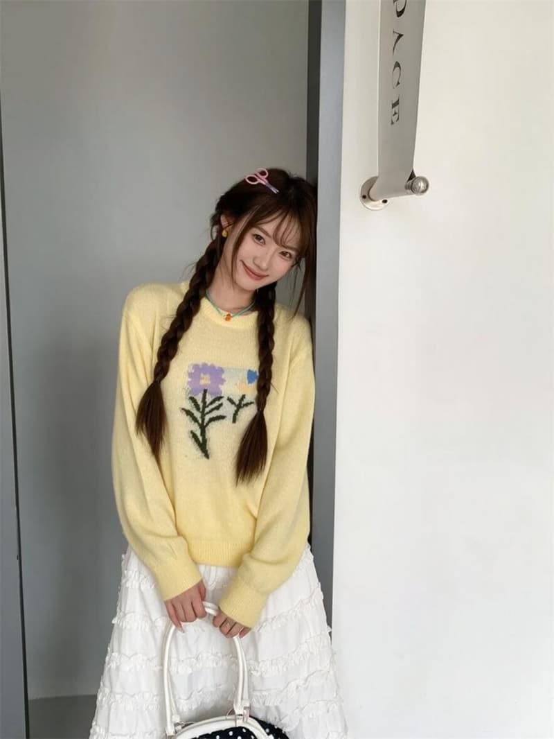 크림 부서 5 가지 색상 꽃무늬 니트 스웨터 얇고 가벼운 마이크로 ~을 통해 루즈핏 라운드 넥 이른 가을 부드러운 바람 긴팔 블라우스 맨위 상세 이미지 18