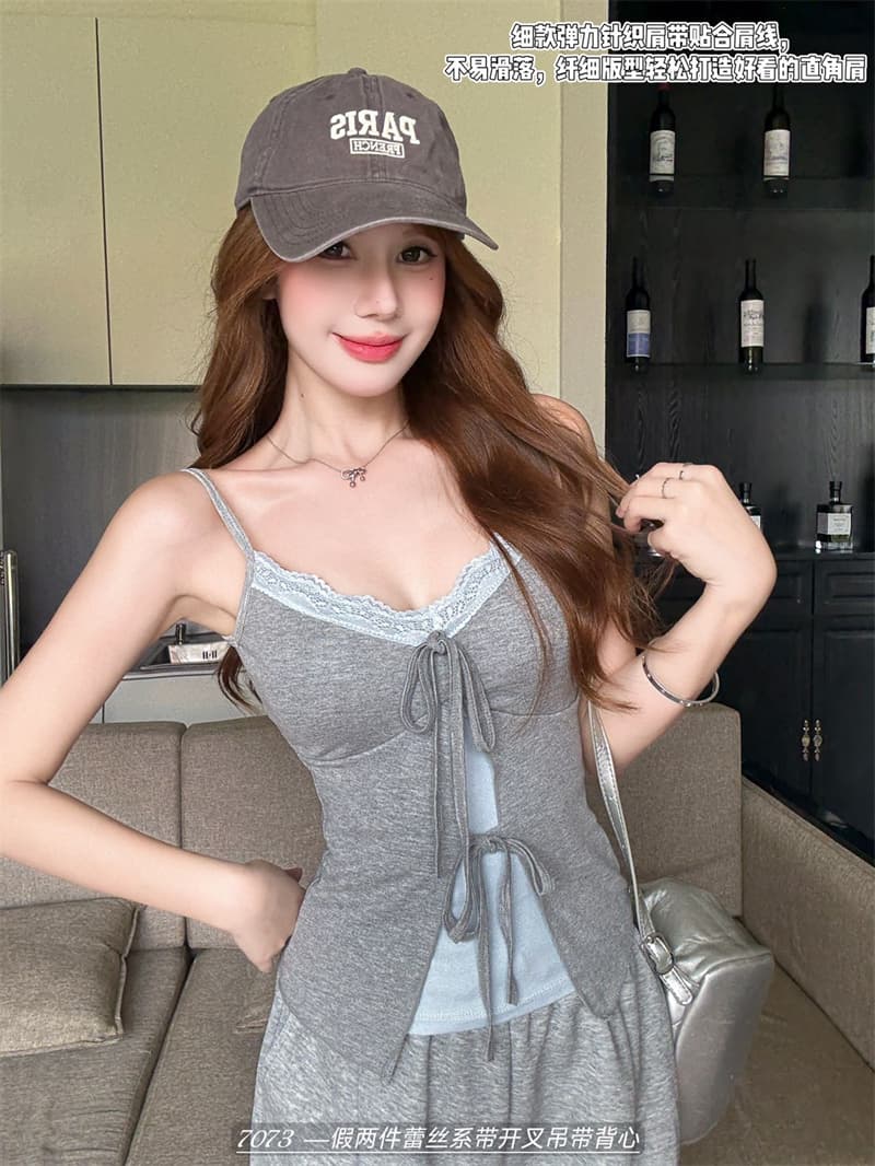 한국 스타일 핫걸 순수한 욕망 레이스 레이스 고정 컵 캐미솔 페이크 레이어드 레이스업 허리 수축 슬림해 보이는 맨위 상세 이미지 16