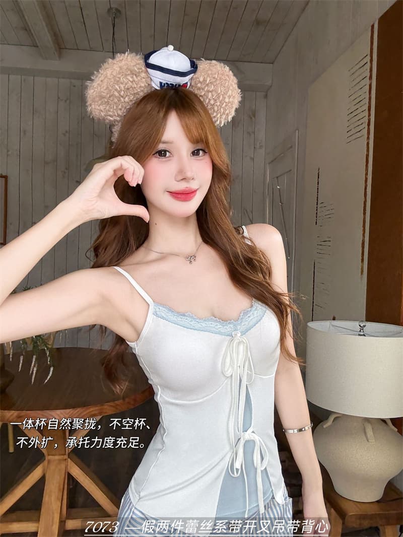 한국 스타일 핫걸 순수한 욕망 레이스 레이스 고정 컵 캐미솔 페이크 레이어드 레이스업 허리 수축 슬림해 보이는 맨위 상세 이미지 20