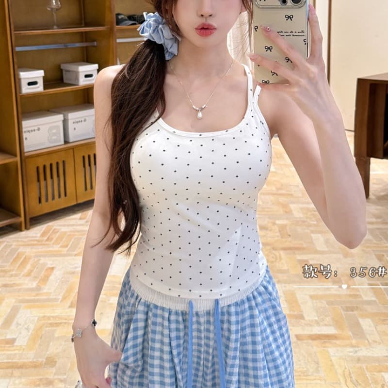 아메리칸 레트로 도트 무늬 캐미솔 여성 이른 가을 새로운 패션 나만의 것을 가져와 라. 가슴 패드 배색 몸매 가꾸기 인사이드 가져 가라. 조끼 이미지 4