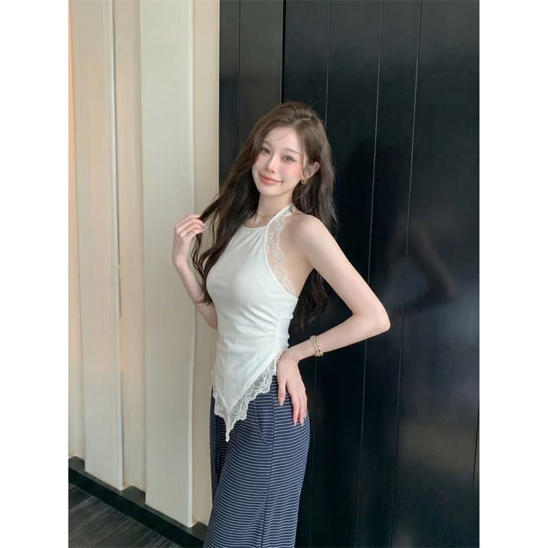 불규칙 레이스 조각 민소매 니트 행침 목 조끼 여성 여름 몸매 가꾸기 슬림해 보이는 핫걸 백리스 외출용 맨위 상세 이미지 16