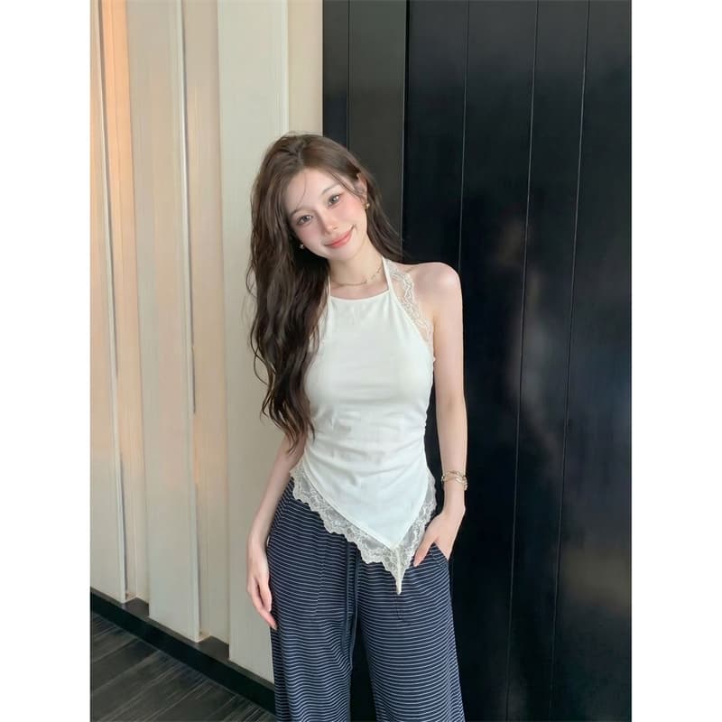 불규칙 레이스 조각 민소매 니트 행침 목 조끼 여성 여름 몸매 가꾸기 슬림해 보이는 핫걸 백리스 외출용 맨위 상세 이미지 18