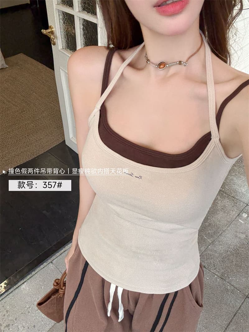 배색 패치워크 페이크 레이어드 핫걸 캐미솔 고정 컵 쇼트 스타일 주름 몸매 가꾸기 슬림해 보이는 만나는 아름다움 뒤로 속옷 상세 이미지 22
