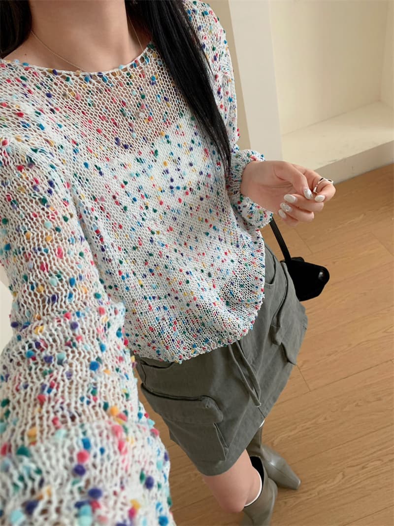 실사 한 부서 가을 혼합 색상 깨진 포인트 메쉬 홀로우 아웃 니트 맨위 루즈핏 긴팔 통기성 외부 가져 가라. 풀오버 작은 셔츠 상세 이미지 5