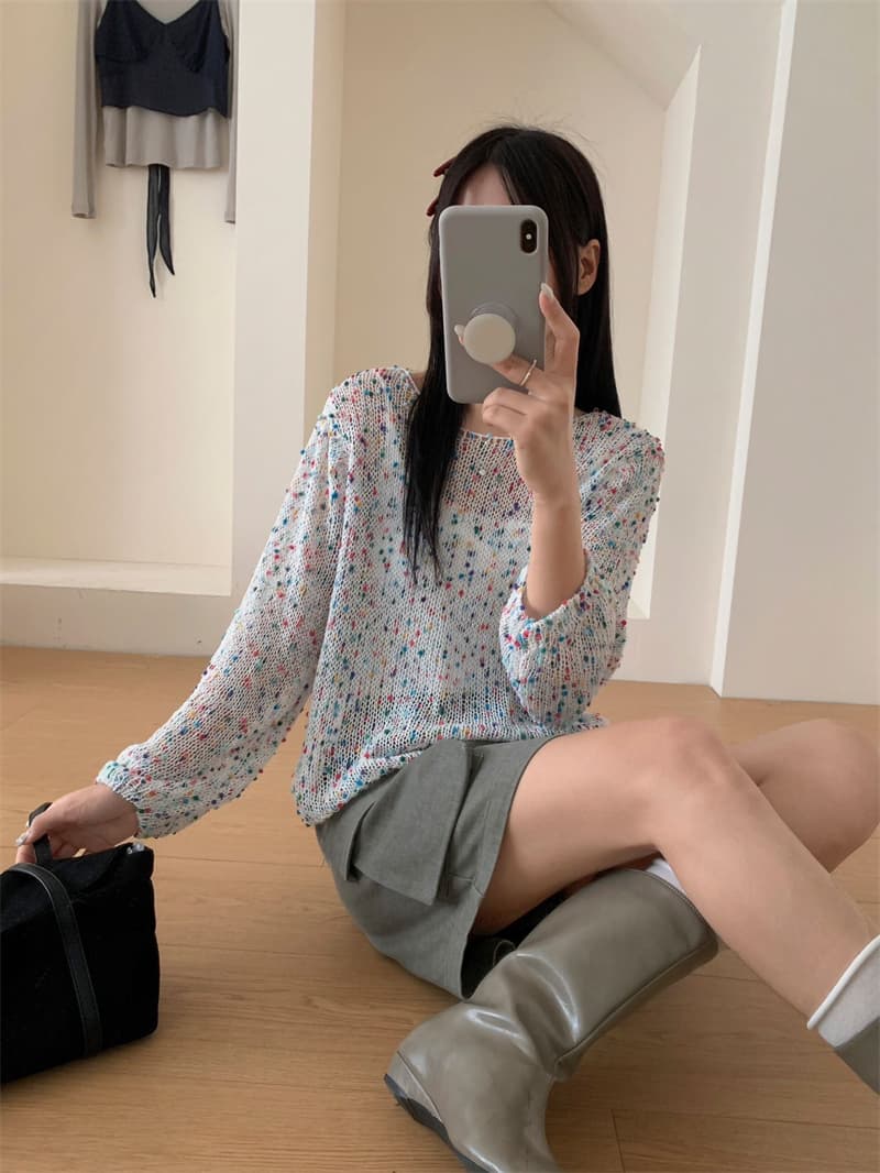 실사 한 부서 가을 혼합 색상 깨진 포인트 메쉬 홀로우 아웃 니트 맨위 루즈핏 긴팔 통기성 외부 가져 가라. 풀오버 작은 셔츠 상세 이미지 6