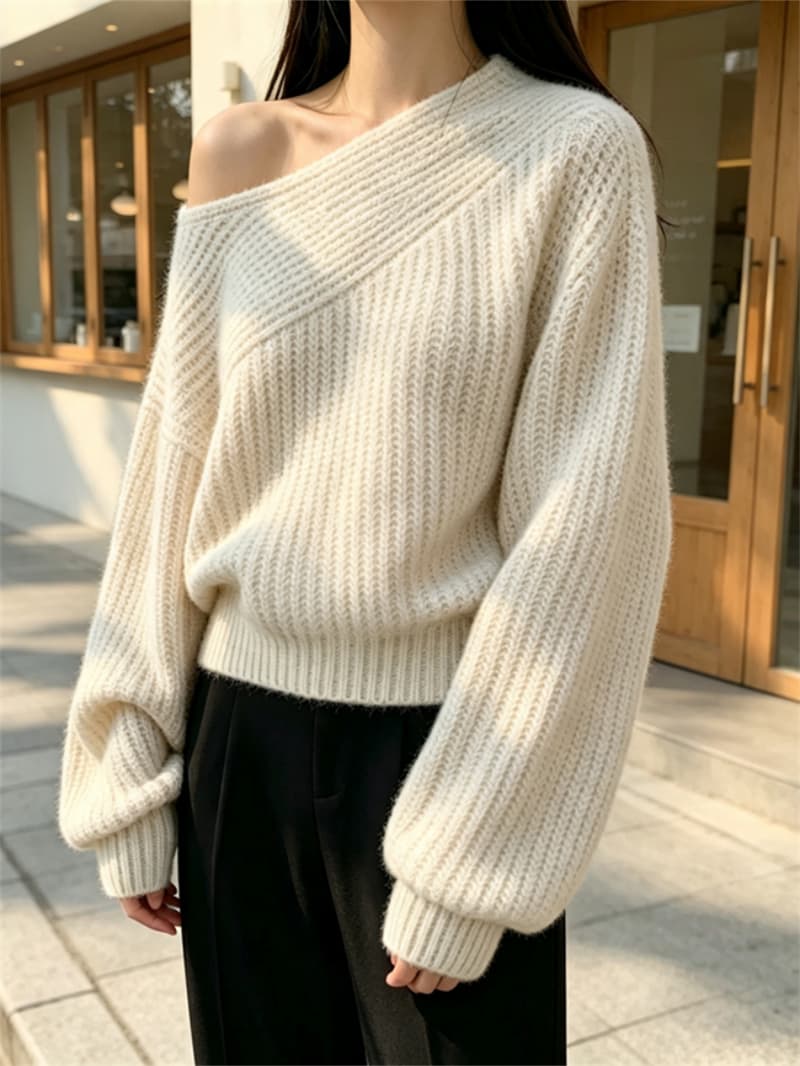 실사 섹시함 순수한 욕망 바람 비스듬한 어깨 니트 스웨터 2026 가을 겨울 새로운 품격 슬림해 보이는 패션 품격 긴팔 스웨터 상세 이미지 3