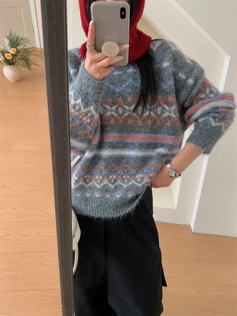 실사 가을 한 부서 새로운 공정한 섬 부드러운 찹쌀 스웨터 두꺼운 루즈핏 느긋한 라운드 넥 풀오버 니트 스웨터 맨위 상세 이미지 3