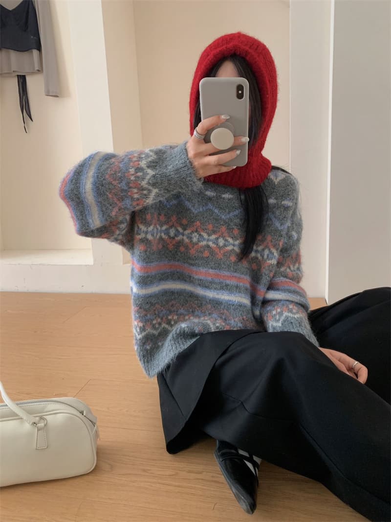 실사 가을 한 부서 새로운 공정한 섬 부드러운 찹쌀 스웨터 두꺼운 루즈핏 느긋한 라운드 넥 풀오버 니트 스웨터 맨위 상세 이미지 5