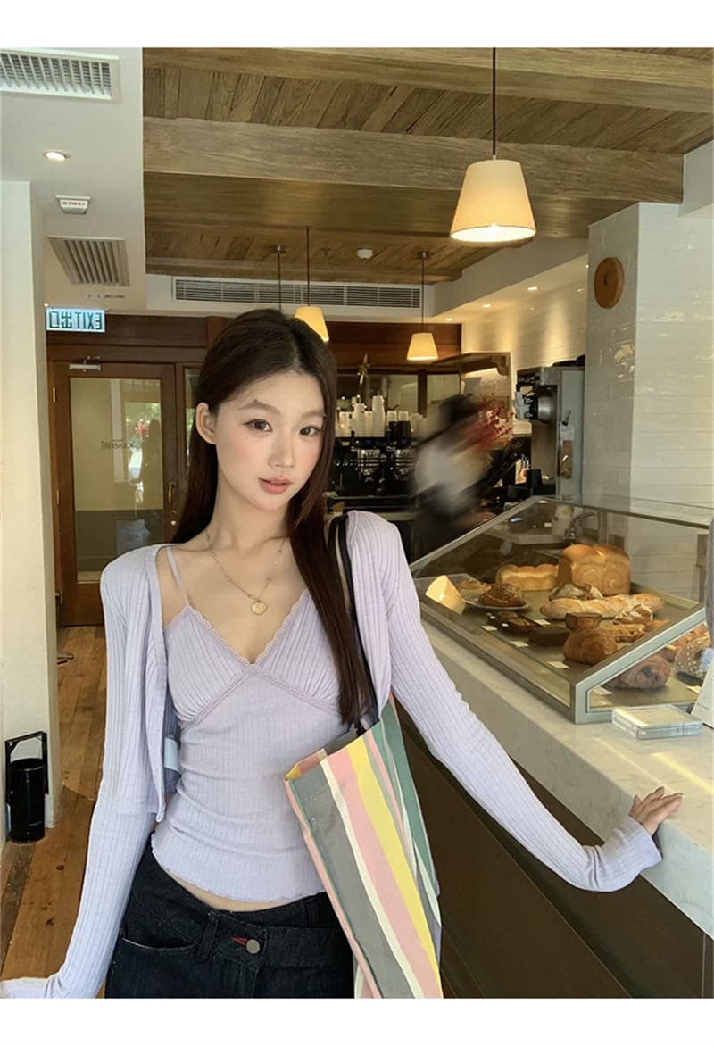 실사 정가 감소되지 않음 가을 새로운 패션 V넥 레이스 측면 캐미솔 쇼트 스타일 긴팔 블라우스 세트 상세 이미지 22