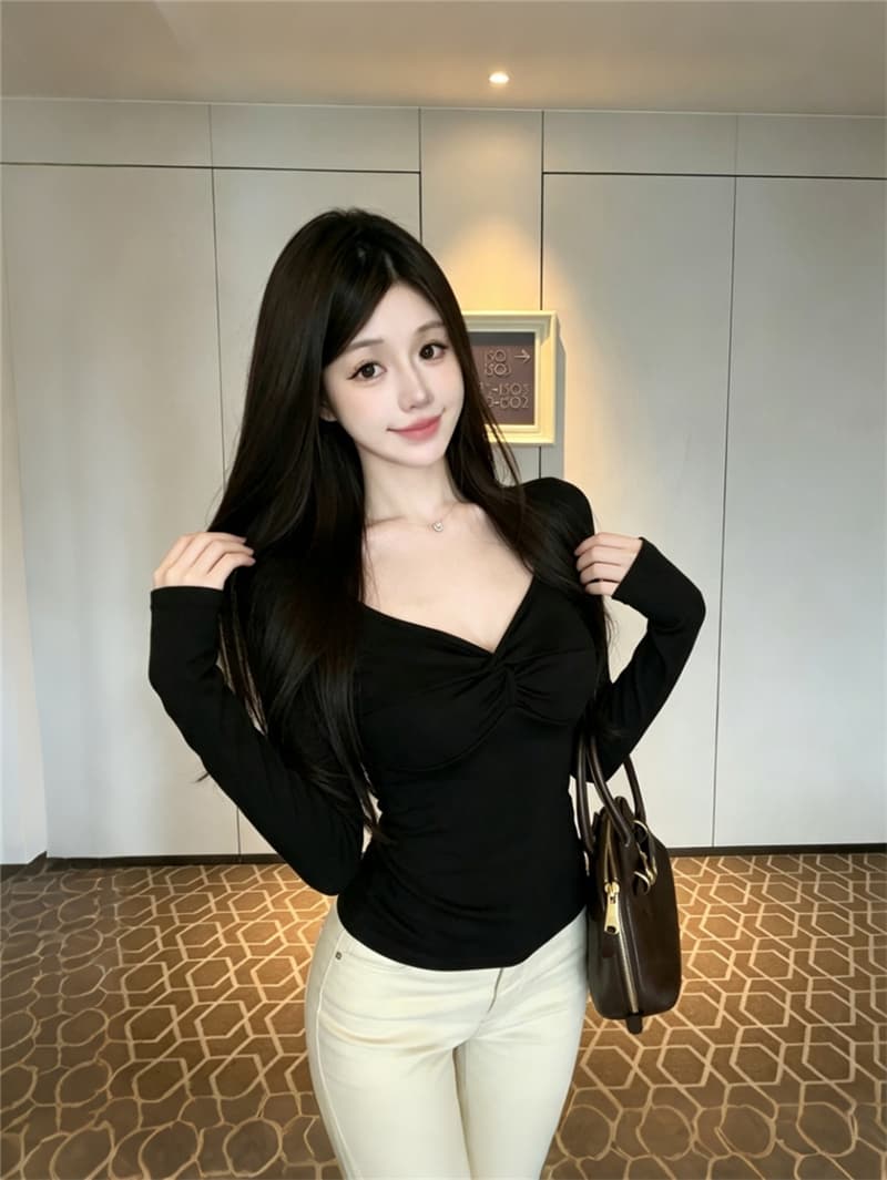 이른 가을 섹시함 순수한 욕망 나비 매듭 보온 벨트 가슴 패드 긴팔 티셔츠 여성 봄 타이트 몸매 가꾸기 V넥 만나는 맨위 상세 이미지 42