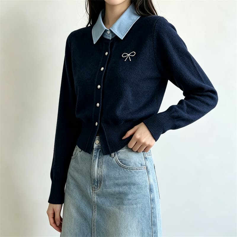 실사 나비 매듭 자수 POLO 칼라 배색 니트 오픈 가디건 여성 이른 가을 새로운 연령 감소 외출용 고급 센스 맨위 이미지 3