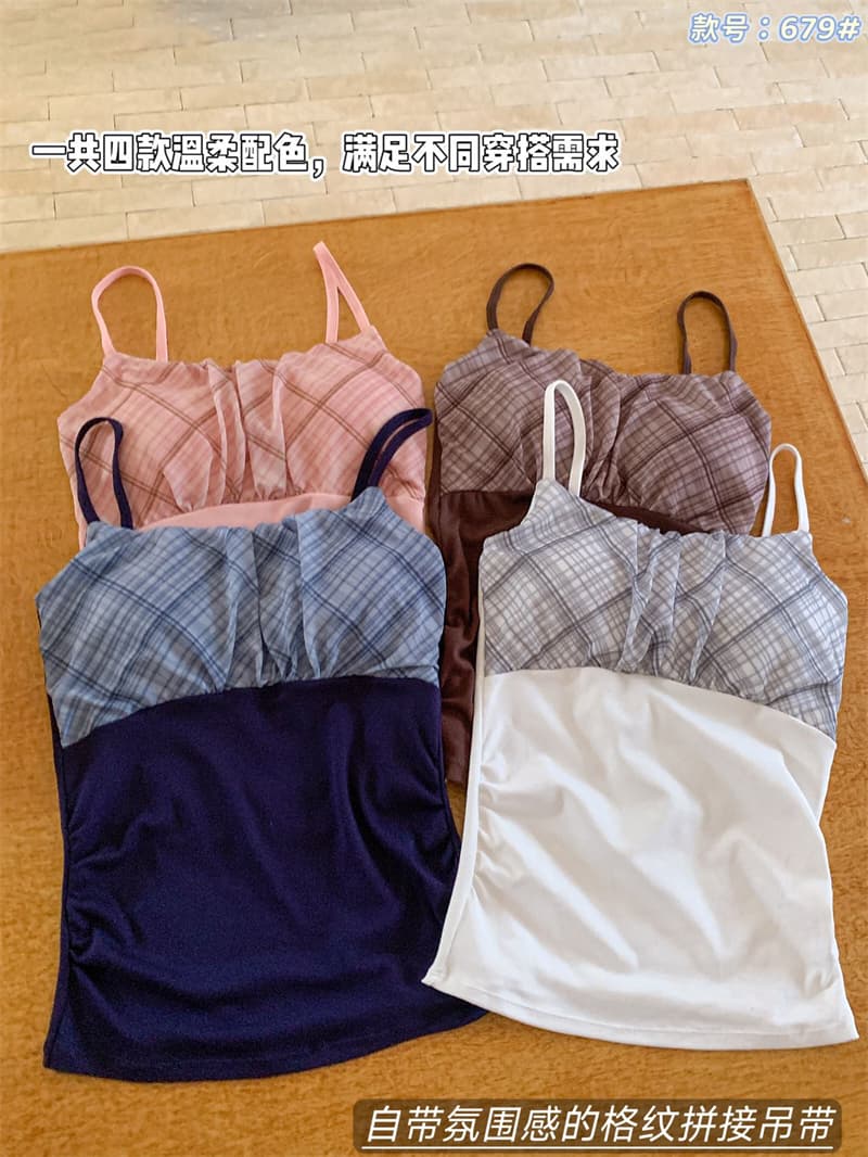 정가 실사 아메리칸 핫걸 체크무늬 패치워크 캐미솔 벨트 가슴 패드 여성 여름 몸매 가꾸기 슬림해 보이는 민소매 맨위 상세 이미지 5
