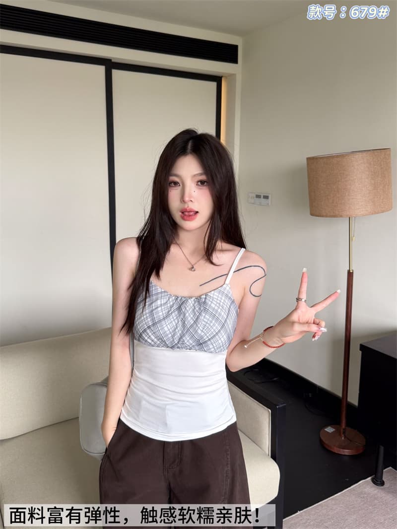 정가 실사 아메리칸 핫걸 체크무늬 패치워크 캐미솔 벨트 가슴 패드 여성 여름 몸매 가꾸기 슬림해 보이는 민소매 맨위 상세 이미지 22