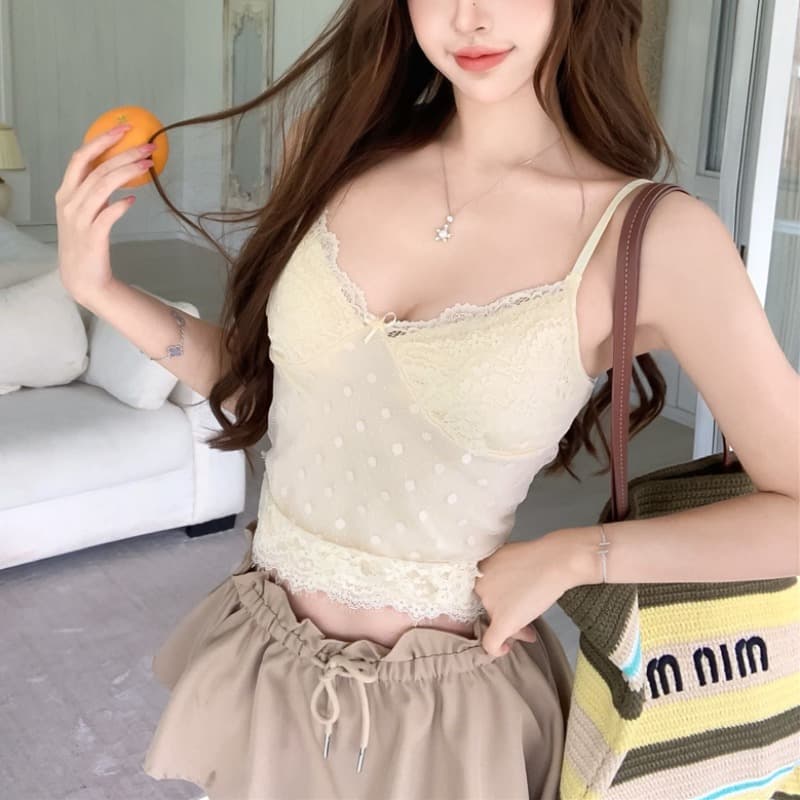 실사 레트로 도트 무늬 레이스 페이크 레이어드 레이스 캐미솔 여름 민소매 외출용 핫걸 인사이드 잡아라. 의류 이미지 4