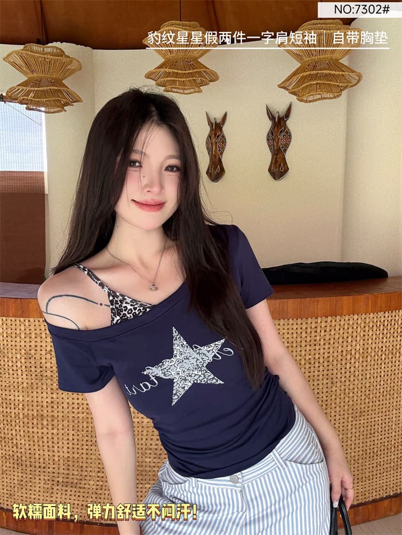 실사 아메리칸 레트로 핫걸 바람 프린트 패치워크 반팔 티셔츠 여름 벨트 가슴 패드 새로운 고급 센스 슬림해 보이는 맨위 상세 이미지 17