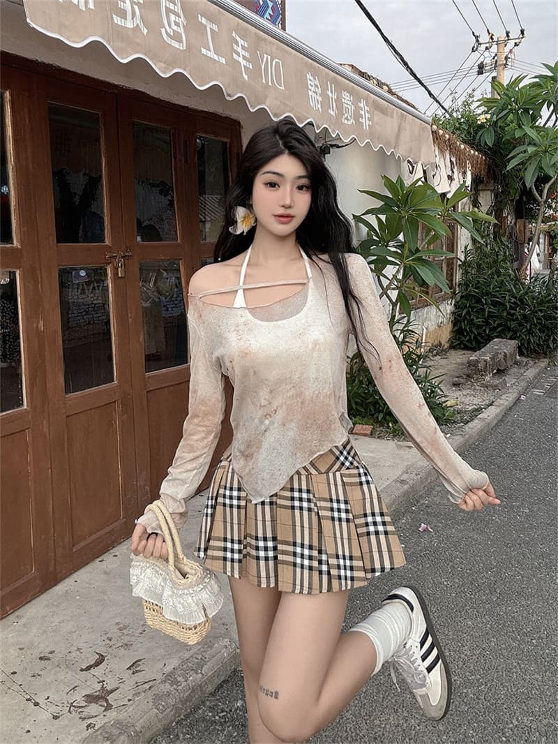 실사 여름 가을 헤일로 염색 오프숄더 자외선 차단 블라우스 여성 순수한 욕망 불규칙 밑단 얇은 스타일 마이크로 ~을 통해 긴팔 맨위 상세 이미지 39