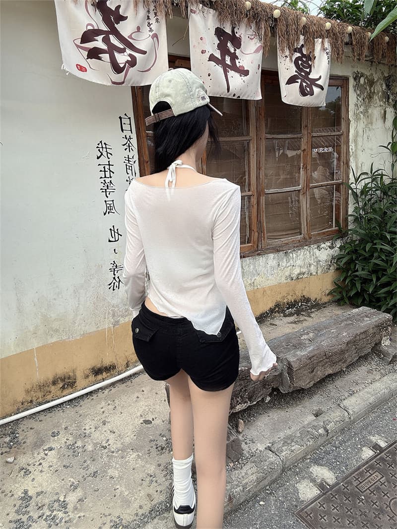 실사 여름 가을 헤일로 염색 오프숄더 자외선 차단 블라우스 여성 순수한 욕망 불규칙 밑단 얇은 스타일 마이크로 ~을 통해 긴팔 맨위 상세 이미지 46