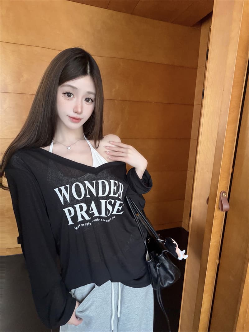 한 부서 V넥 얇은 스타일 자외선 차단 블라우스 여성 루즈핏 알파벳 긴팔 티셔츠 행침 목 투피스 조끼 느긋한 맨위 상세 이미지 36