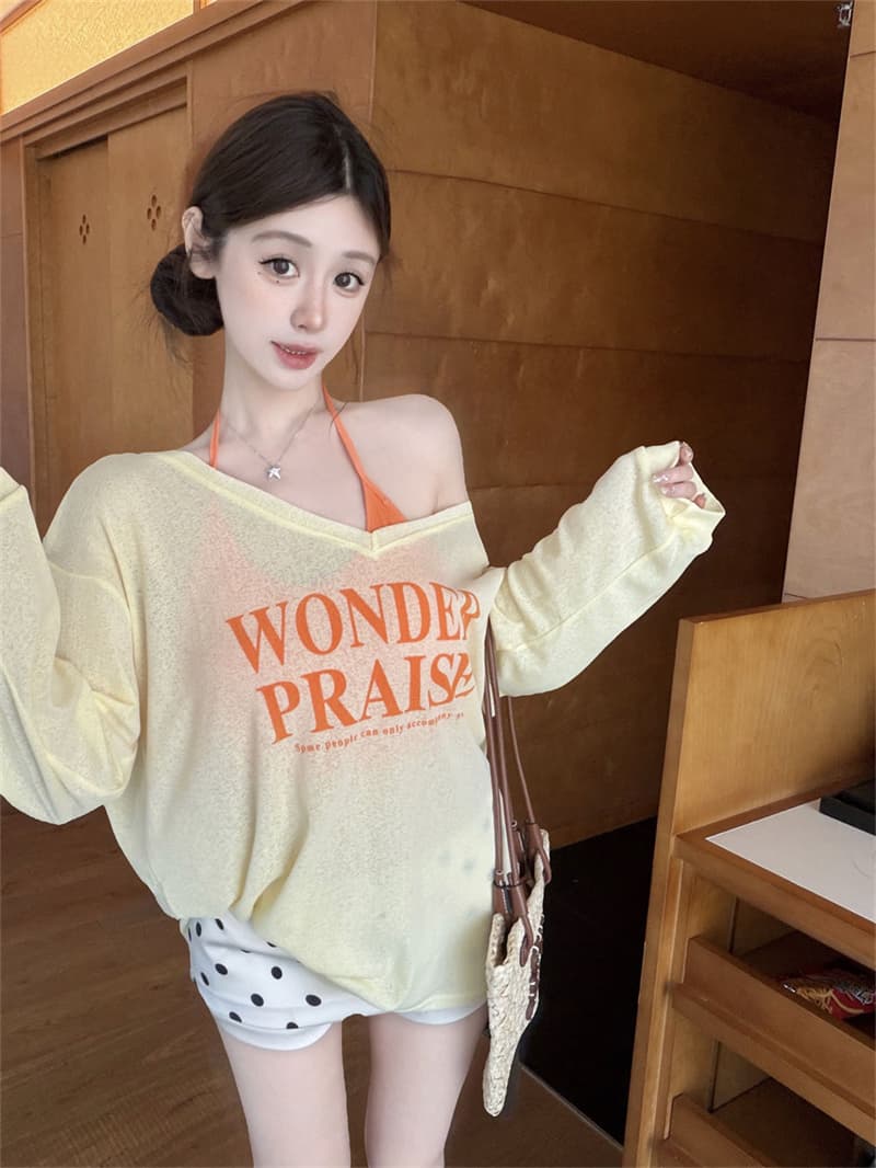 한 부서 V넥 얇은 스타일 자외선 차단 블라우스 여성 루즈핏 알파벳 긴팔 티셔츠 행침 목 투피스 조끼 느긋한 맨위 상세 이미지 48
