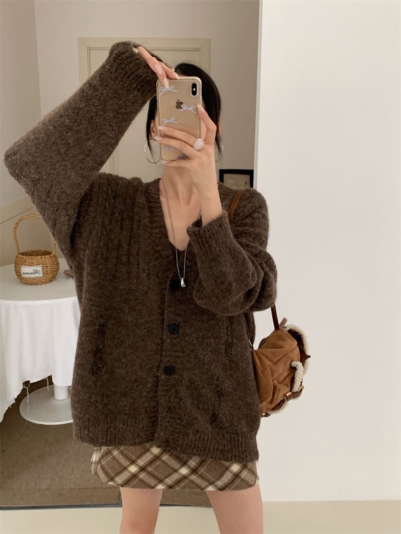 실사 가을 부드러운 찹쌀 느긋한 바람 오픈 가디건 여성 봄 고급 센스 루즈핏 V넥 꽈배기 니트 쇼트 스타일 맨위 두꺼움 상세 이미지 8