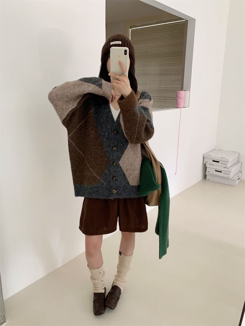 실사 느긋한 바람 작은 대중 레트로 링 그리드 니트 오픈 가디건 여성 가을 새로운 루즈핏 다용도 V넥 긴팔 스웨터 상세 이미지 13