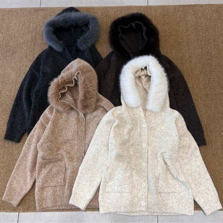 실사 한 부서 패션 디자인 센스 후드 모피 칼라 부드러운 플러시 스웨터 오픈 가디건 가을 겨울 와이드 부드러운 찹쌀 스웨터 코트