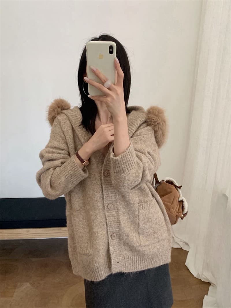 실사 한 부서 패션 디자인 센스 후드 모피 칼라 부드러운 플러시 스웨터 오픈 가디건 가을 겨울 와이드 부드러운 찹쌀 스웨터 코트 상세 이미지 4