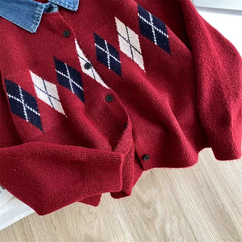 실사 학원 스타일 데님 POLO 칼라 링 체크무늬 니트 오픈 가디건 여성 가을 스웨터 코트 작은 대중 고급 센스 맨위 상세 이미지 16
