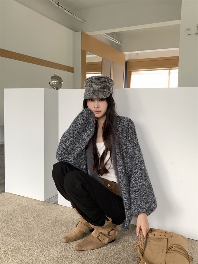 실사 한국 동대문 새로운 가을 패션 거친 가장자리 패치워크 V넥 분위기 센스 오픈 가디건 니트 스웨터 코트 상세 이미지 21