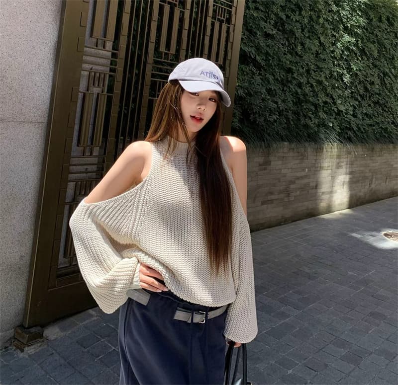 실사 오프숄더 풀오버 스웨터 여자 한국 스타일 느긋한 바람 부드러운 찹쌀 찹쌀 고급 센스 디자인 센스 작은 대중 니트 스웨터 맨위 상세 이미지 2