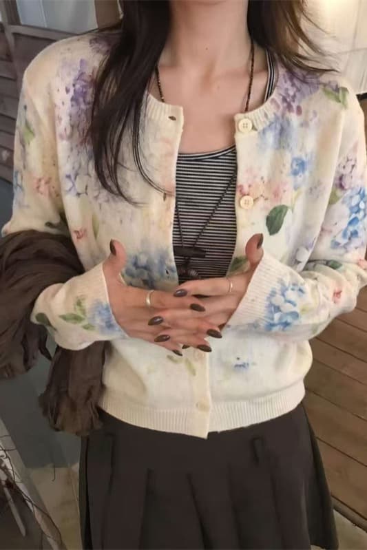 실사 가을 패션 작은 대중 수구 꽃무늬 패턴 니트 오픈 가디건 여성 짧은 슬림해 보이는 긴팔 맨위 스웨터 이미지 6