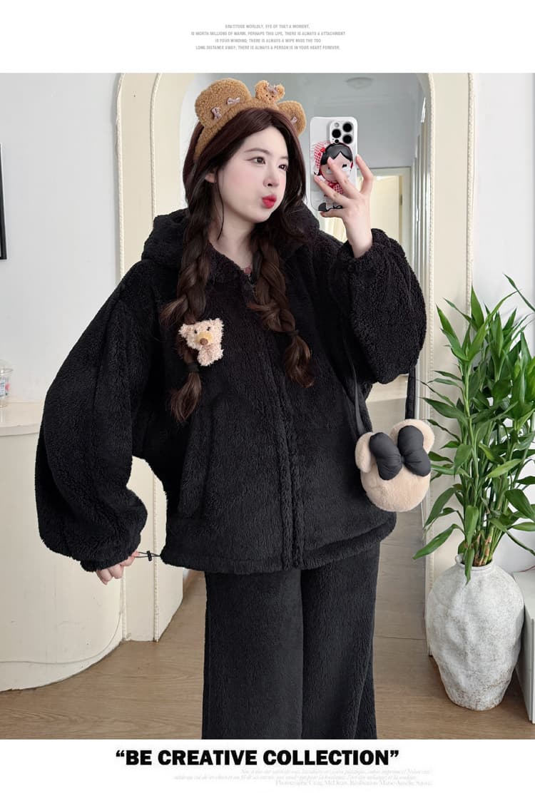 실사 출산 착용 가을 겨울 털이 있고 두꺼운 따뜻한 센스 버블 플러시 귀여운 작은 곰 후드 패션 캐주얼 투피스 세트 상세 이미지 20