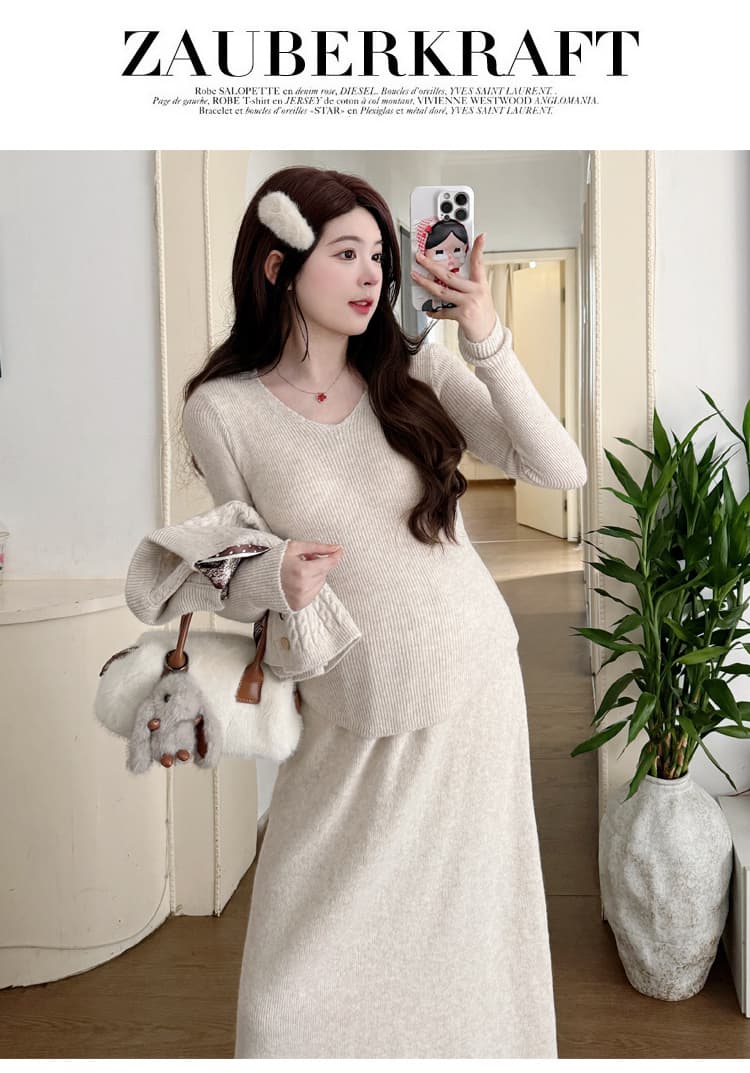 실사 출산 착용 전체 집합 2025 새로운 가을 겨울 스웨터 니트 치마 3종 세트 세트 한 부서 롱 스커트 상세 이미지 23