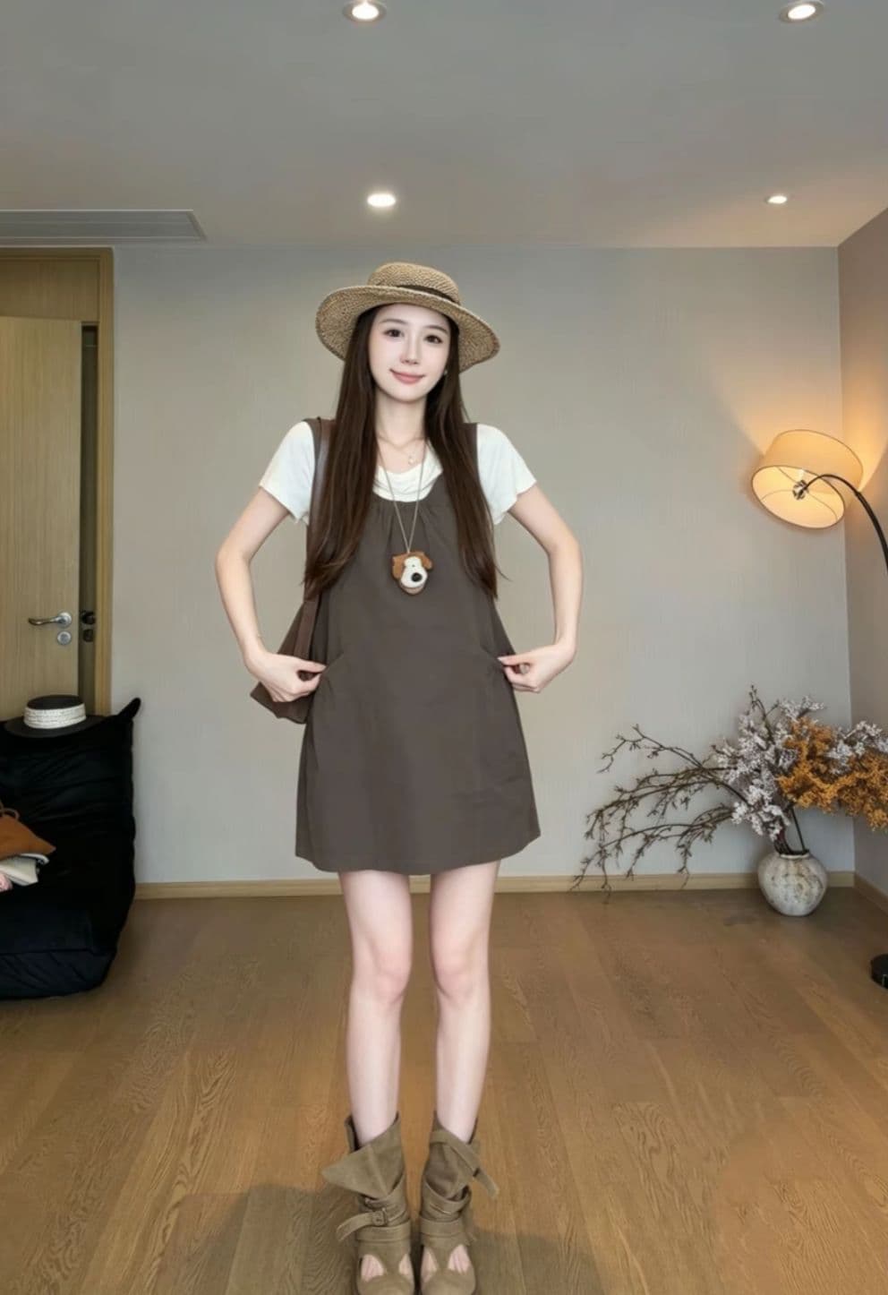 지금 지금 패션 임산부 여름 새로운 커피 색상 사선 무늬 광장 칼라 조끼 스커트 여성 여름 쇼트 스타일 한 마디 드레스 상세 이미지 1