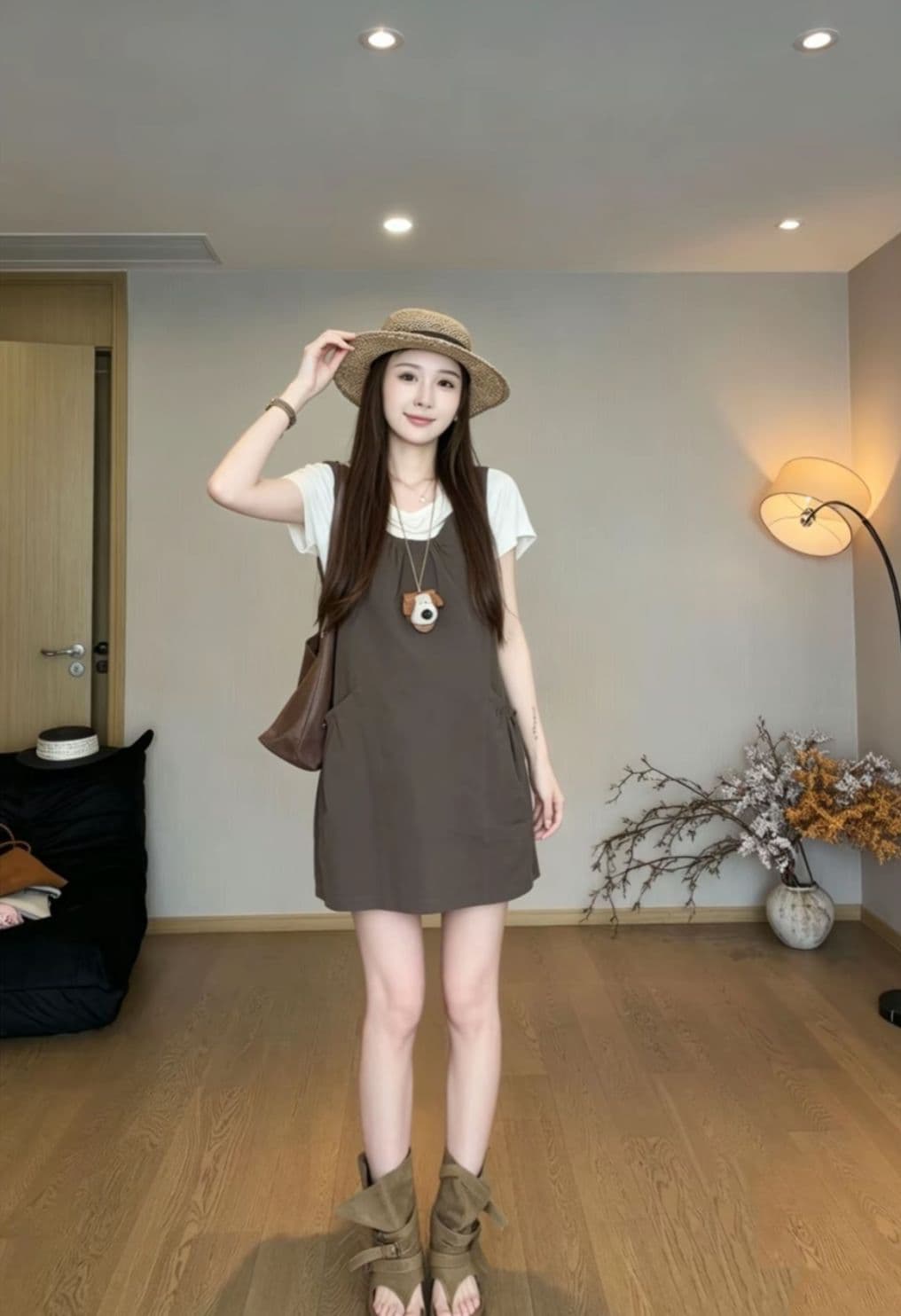 지금 지금 패션 임산부 여름 새로운 커피 색상 사선 무늬 광장 칼라 조끼 스커트 여성 여름 쇼트 스타일 한 마디 드레스 상세 이미지 6