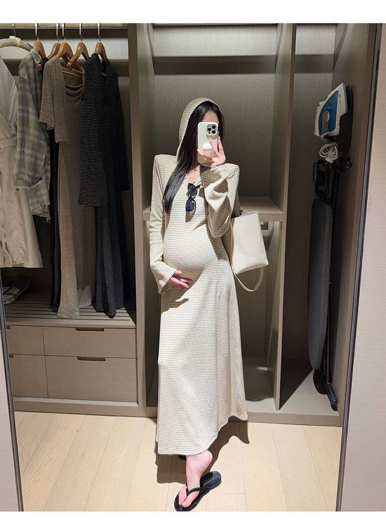 출산 착용 이른 가을 새로운 어깨 패드 스트라이프 니트 임산부 드레스 느긋한 바람 후드 표지 배 롱 스커트 상세 이미지 5