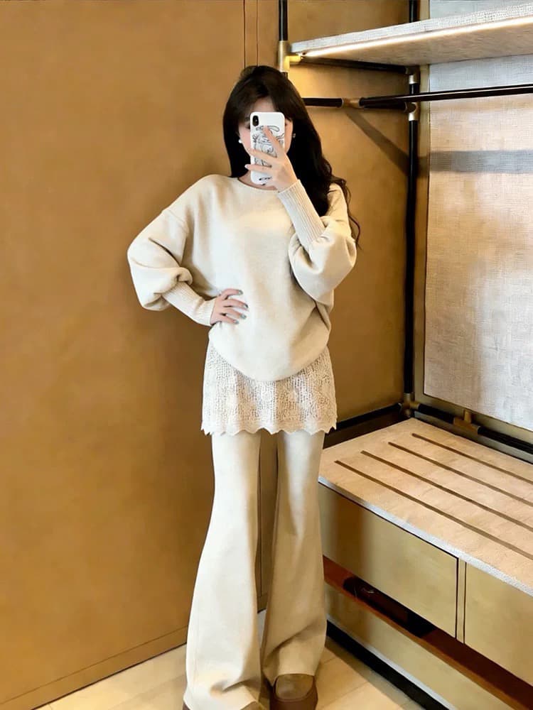 실사 지금 출산 착용 가을 느긋한 바람 느슨함 센스 착용 가져 가라. 품격 니트 방귀 커튼 와이드 레그 팬츠 투피스 세트 상세 이미지 5