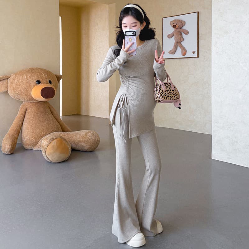 실사 지금 지금 출산 착용 가을 새로운 느긋한 바람 펌프 로프 트임 긴팔 맨위 부츠컷 바지 투피스 세트 이미지 4