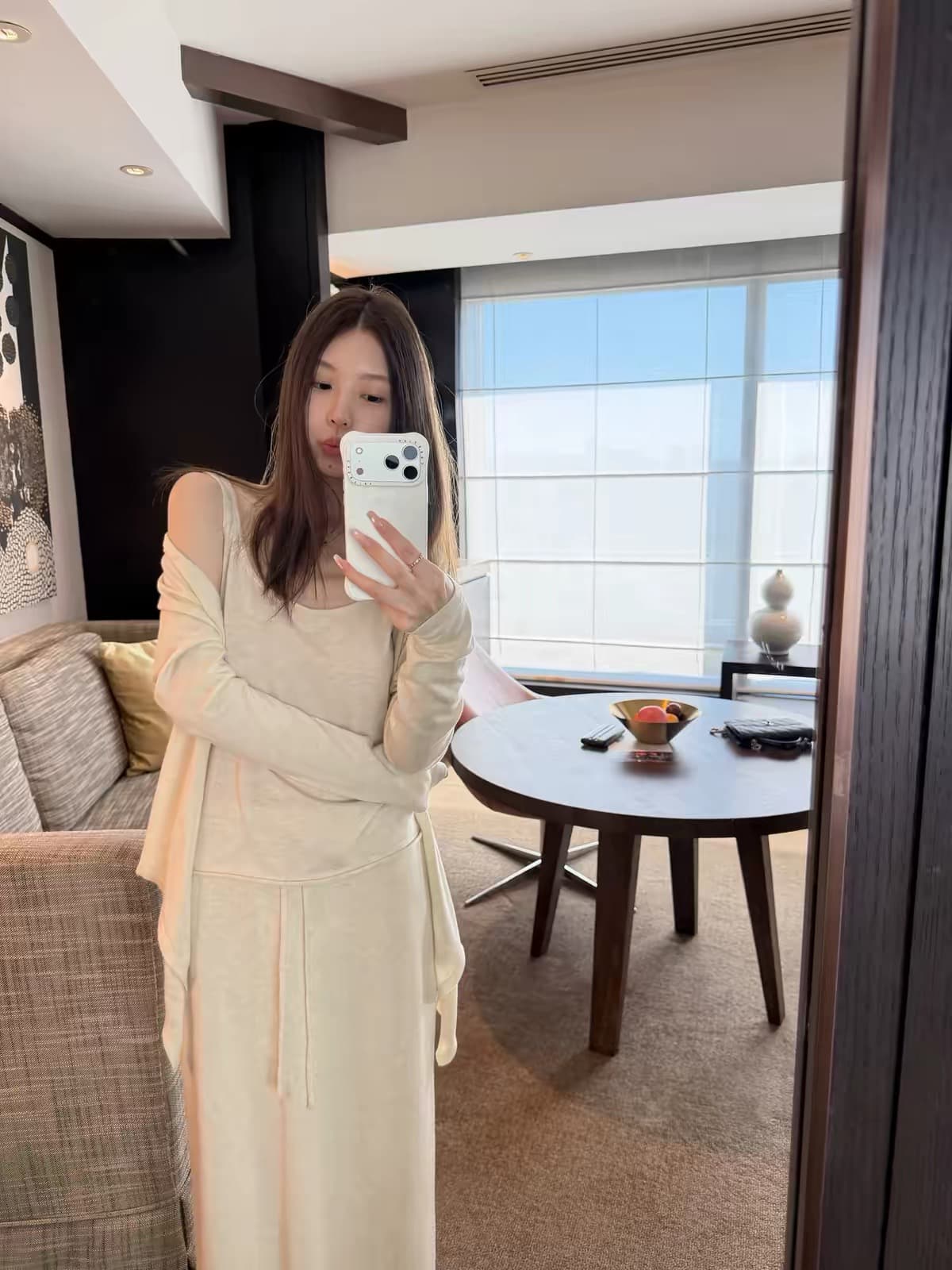 지금 지금 출산 착용 느긋한 바람 슬립 오픈 가디건 반신 스커트 그레이트 통해보기 가져 가라. 전체 집합 한 부서 작은 대중 세트 이미지 3