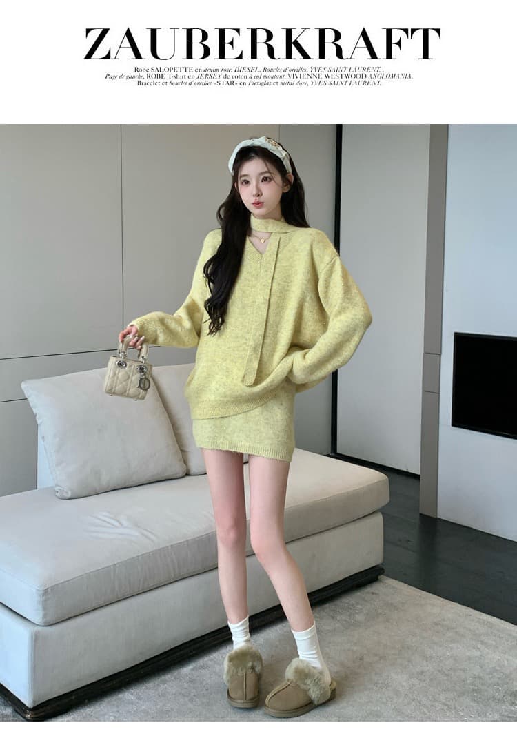 실사 출산 착용 가을 겨울 느긋한 바람 루즈핏 V넥 니트 스웨터 슬림해 보이는 타이트 스커트 미니 스커트 반짝임 투피스 세트 상세 이미지 26